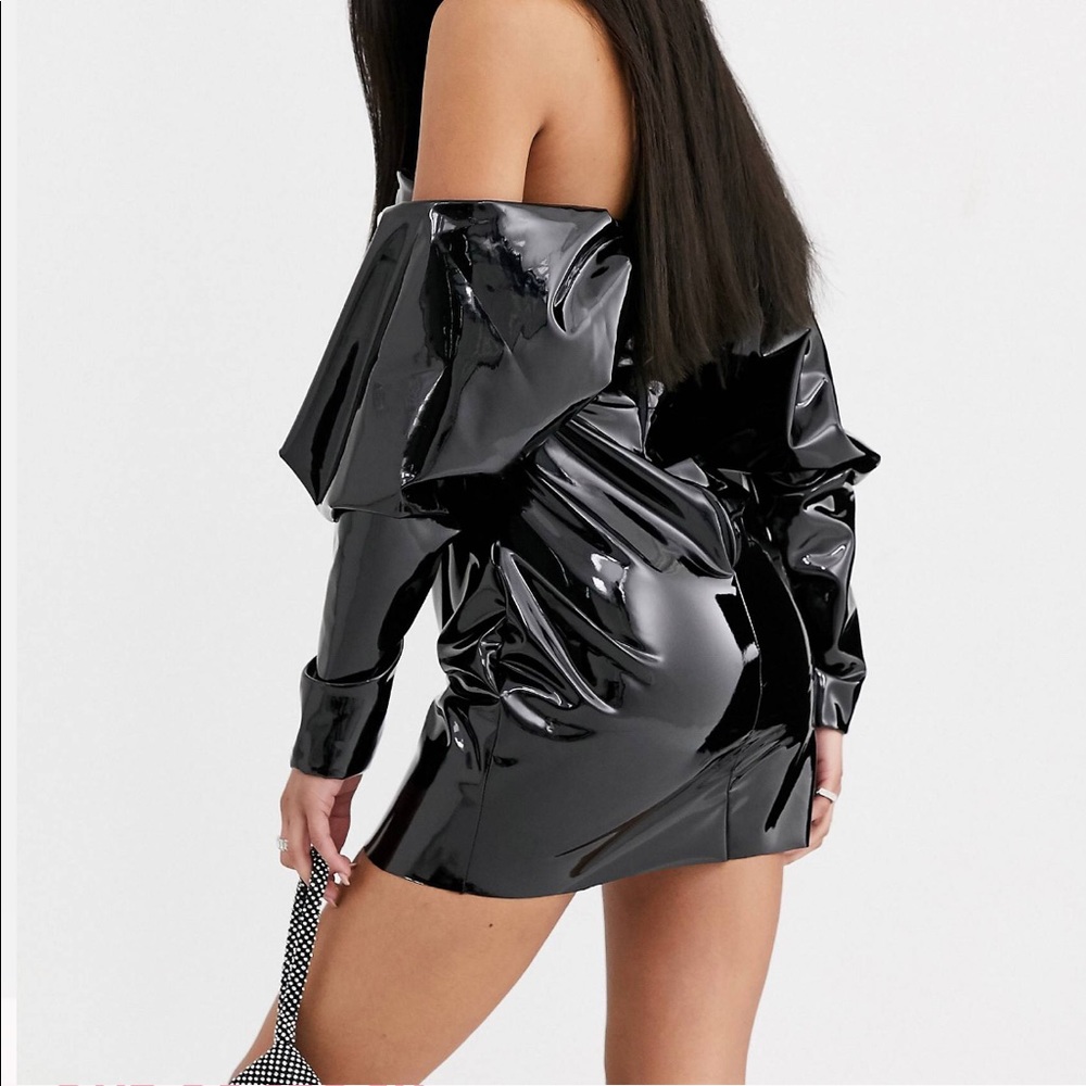 Vinyl Wrap Mini Dress Off The Shoulder Long Sleeve US4 - Picture 2 of 8